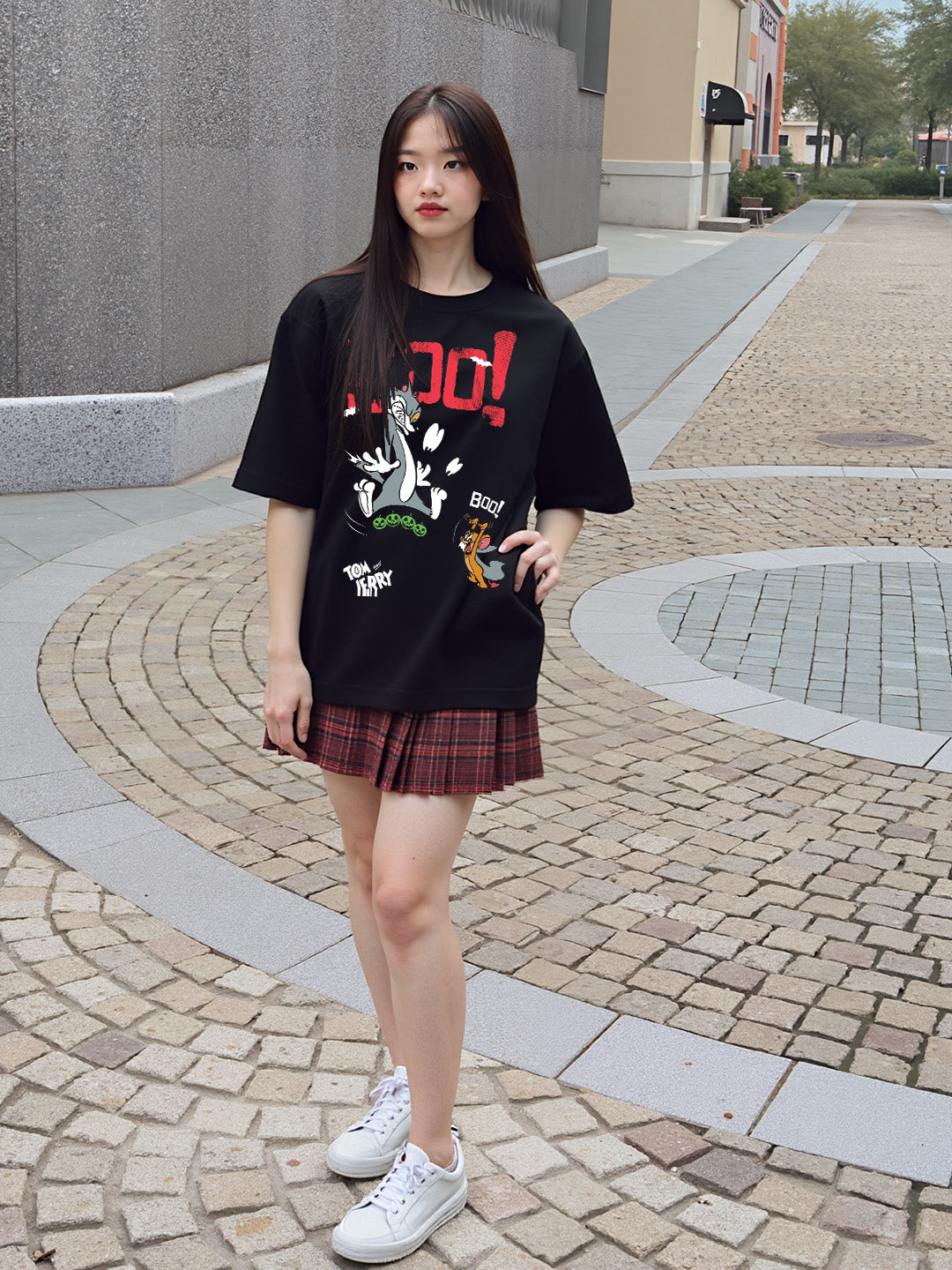 Boo Tom and Jerry Printed Pure Cotton Oversized Black T-shirt