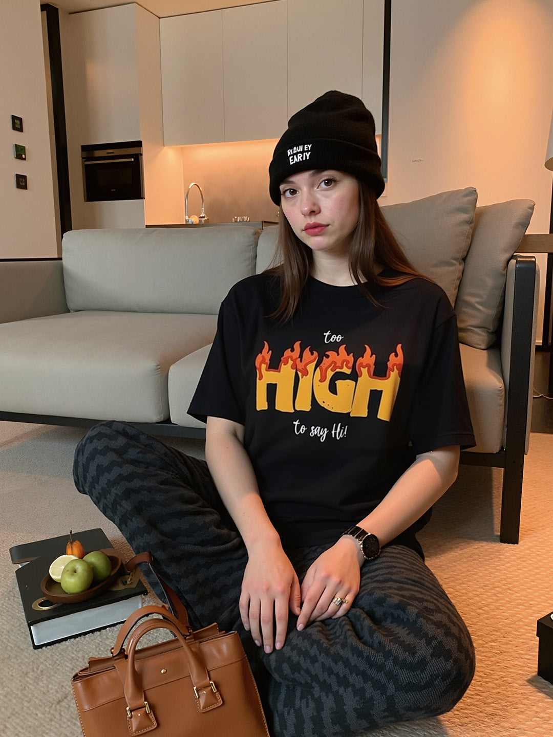 Too High Printed Pure Cotton Oversized Black T-shirt