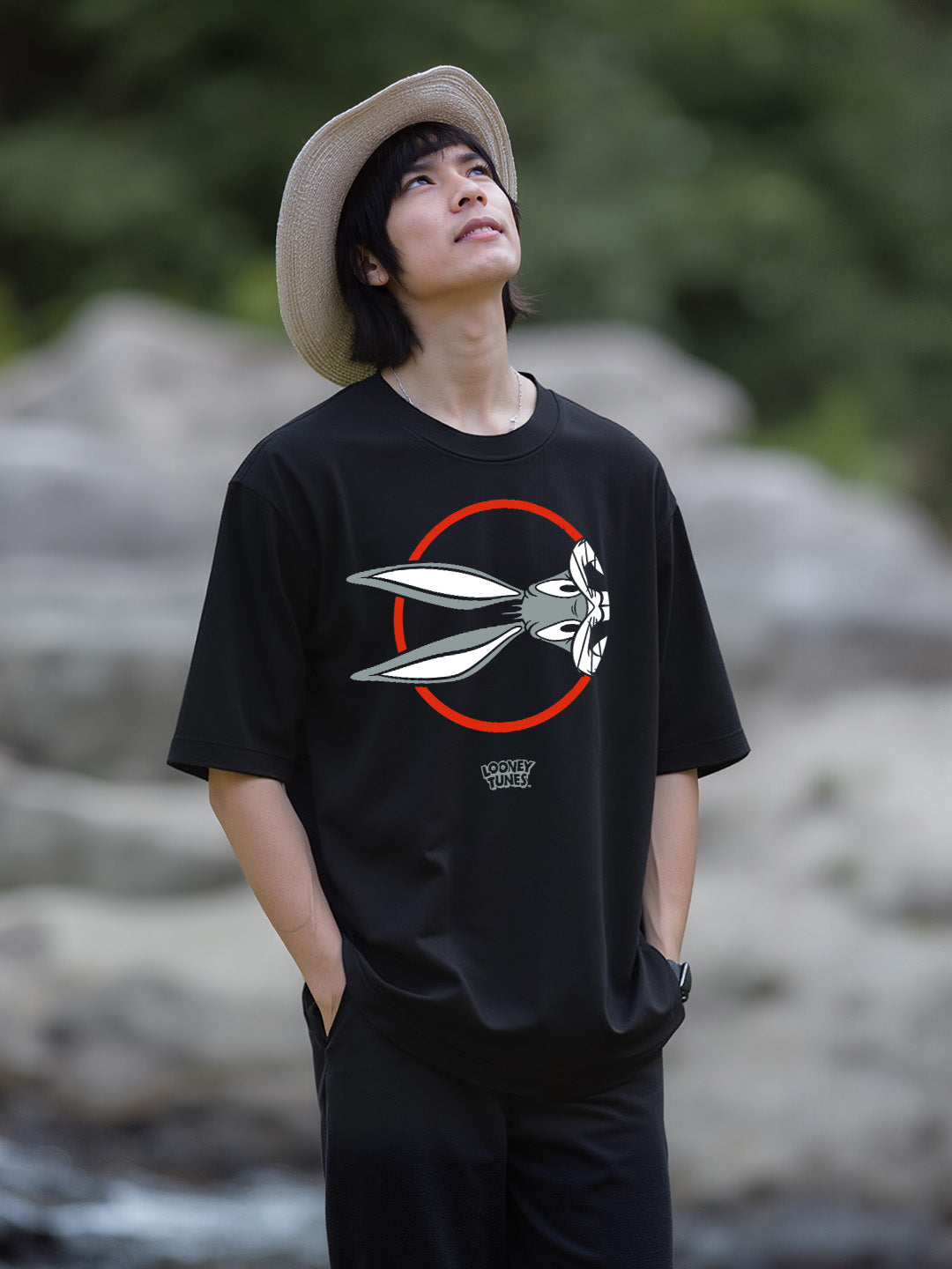 Bugs Bunny Printed Pure Cotton Oversized Black T-shirt