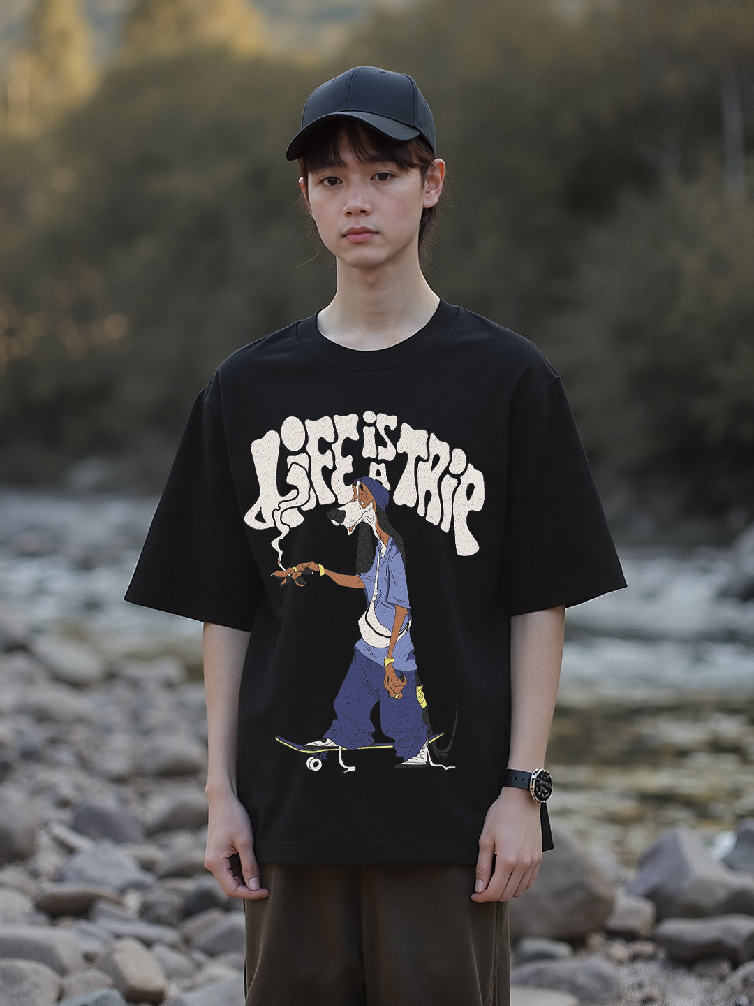 Life is a Trip Printed Pure Cotton Oversized Black T-shirt