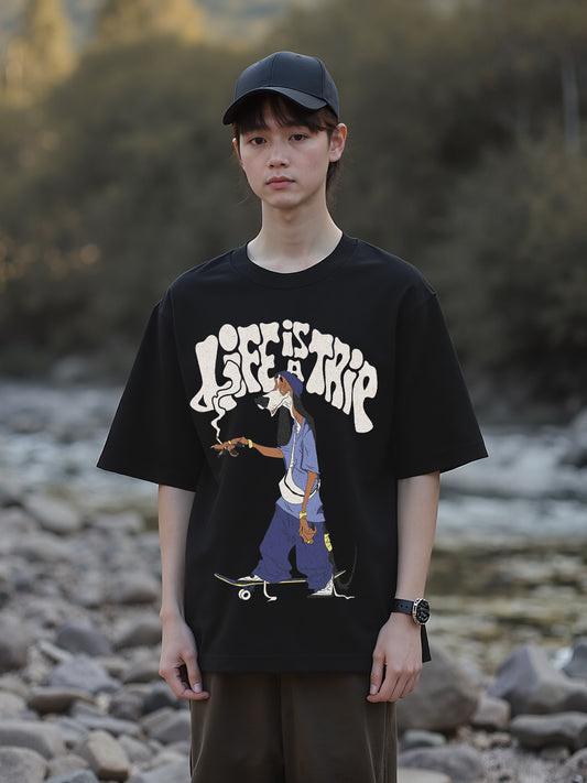 Life is a Trip Printed Pure Cotton Oversized Black T-shirt