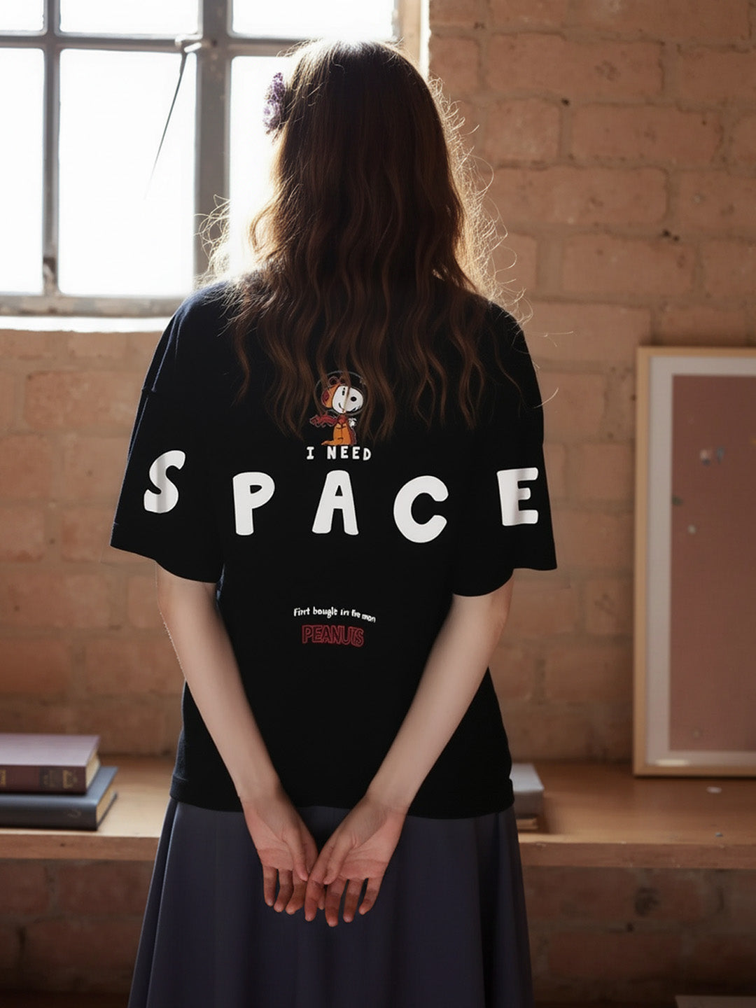 Space Snoopy Printed Pure Cotton Oversized Black T-shirt