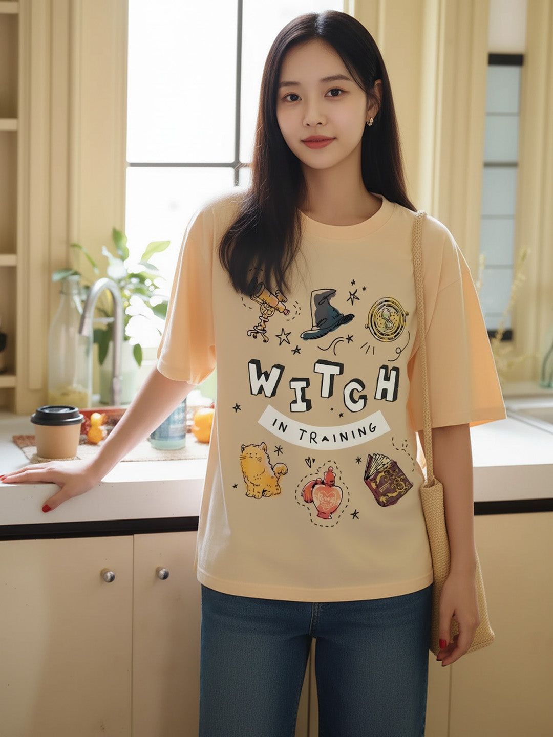 Witch Training Printed Pure Cotton Oversized Beige T-shirt