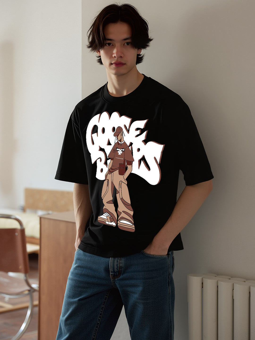Goosebumps Printed Pure Cotton Oversized Black T-shirt