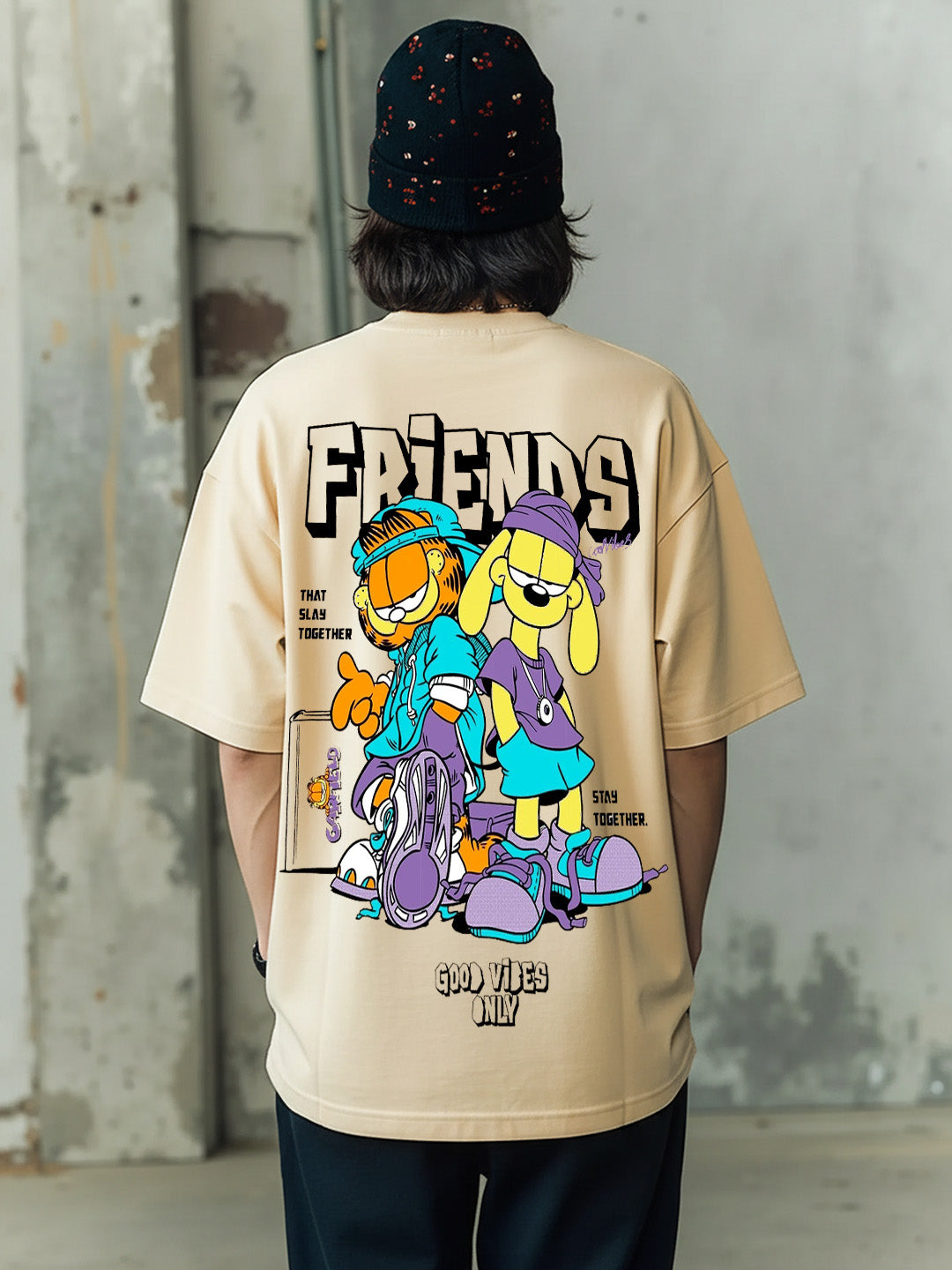 Garfield - Slay Together Printed Pure Cotton Oversized Beige T-shirt