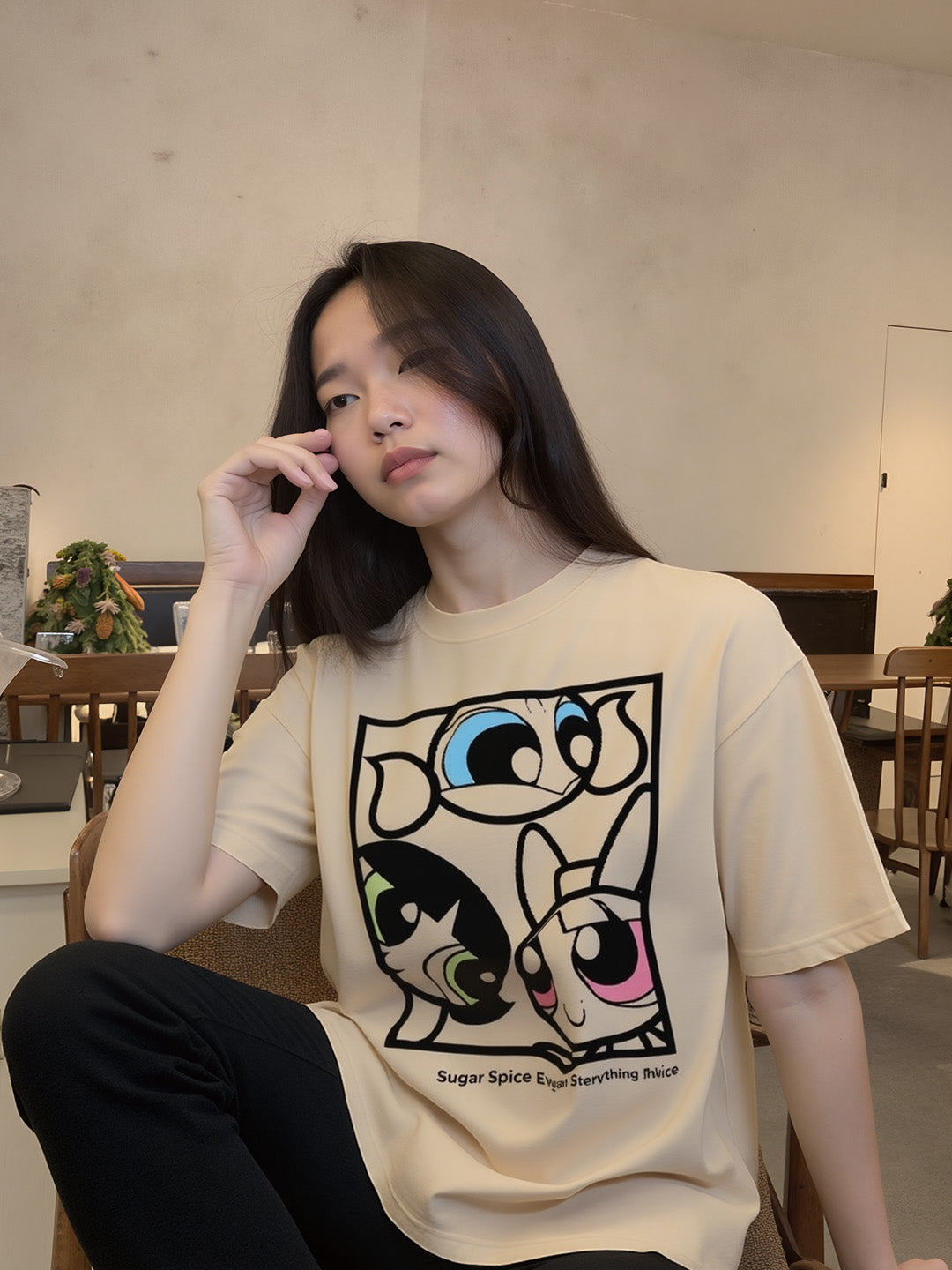 Powerpuff Girls - Sugar and Spice Printed Pure Cotton Oversized Beige T-shirt