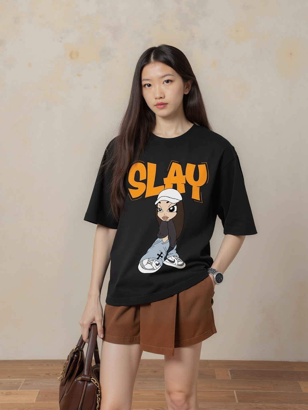 Slay Printed Pure Cotton Oversized Black T-shirt