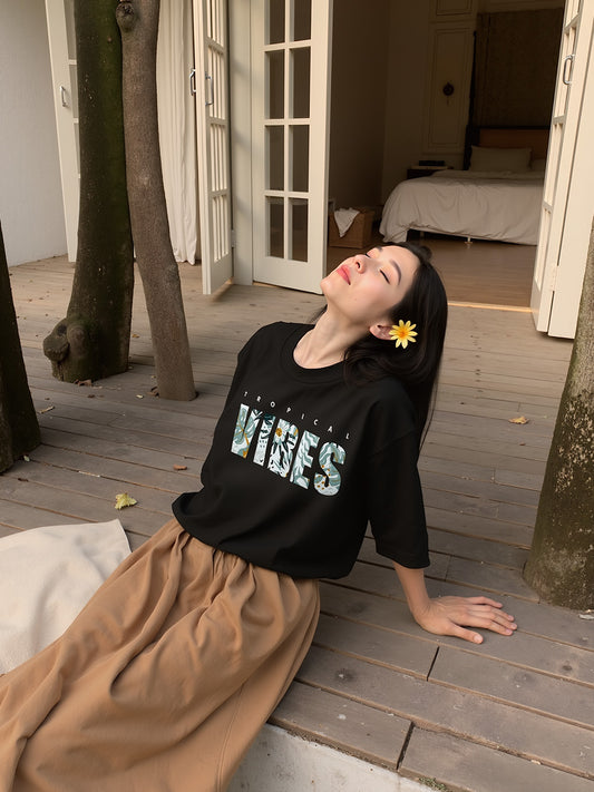 Tropical Vibes Printed Pure Cotton Oversized Black T-shirt
