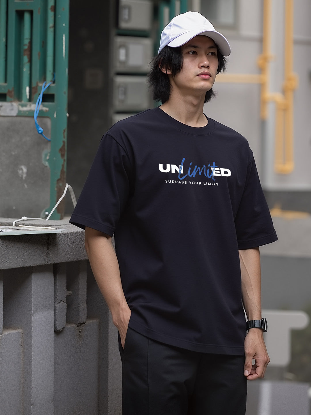 UNLIMITED Typography Printed Pure Cotton Oversized Black T-shirt