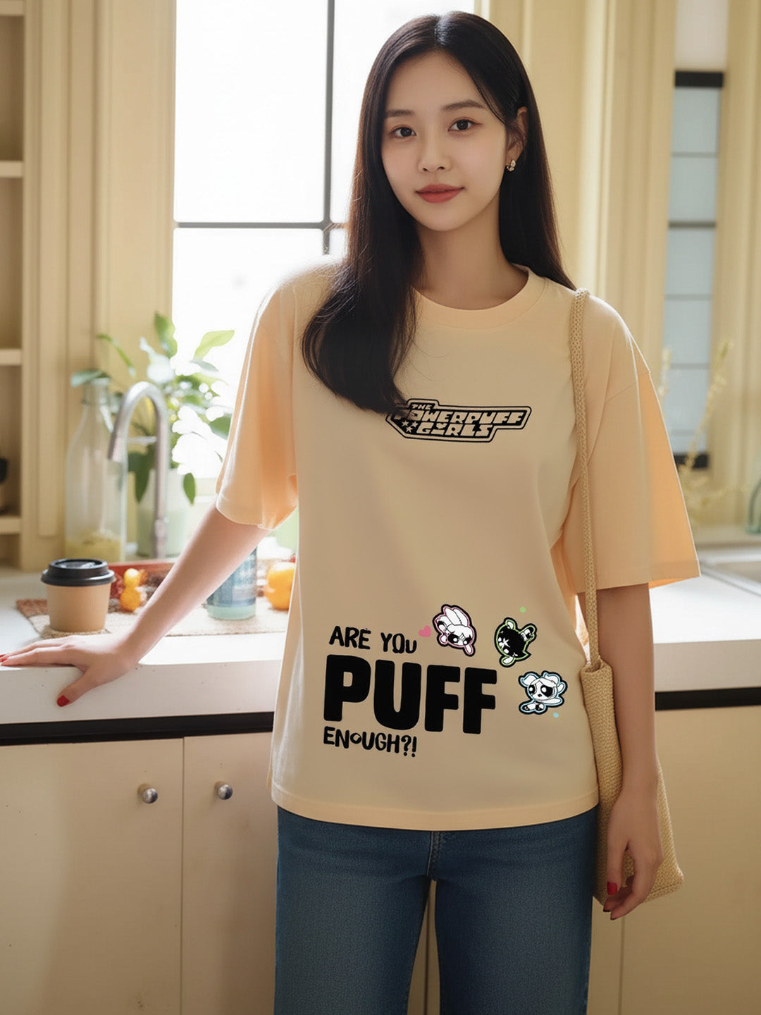 Powerpuff Girls Printed Pure Cotton Oversized Beige T-shirt