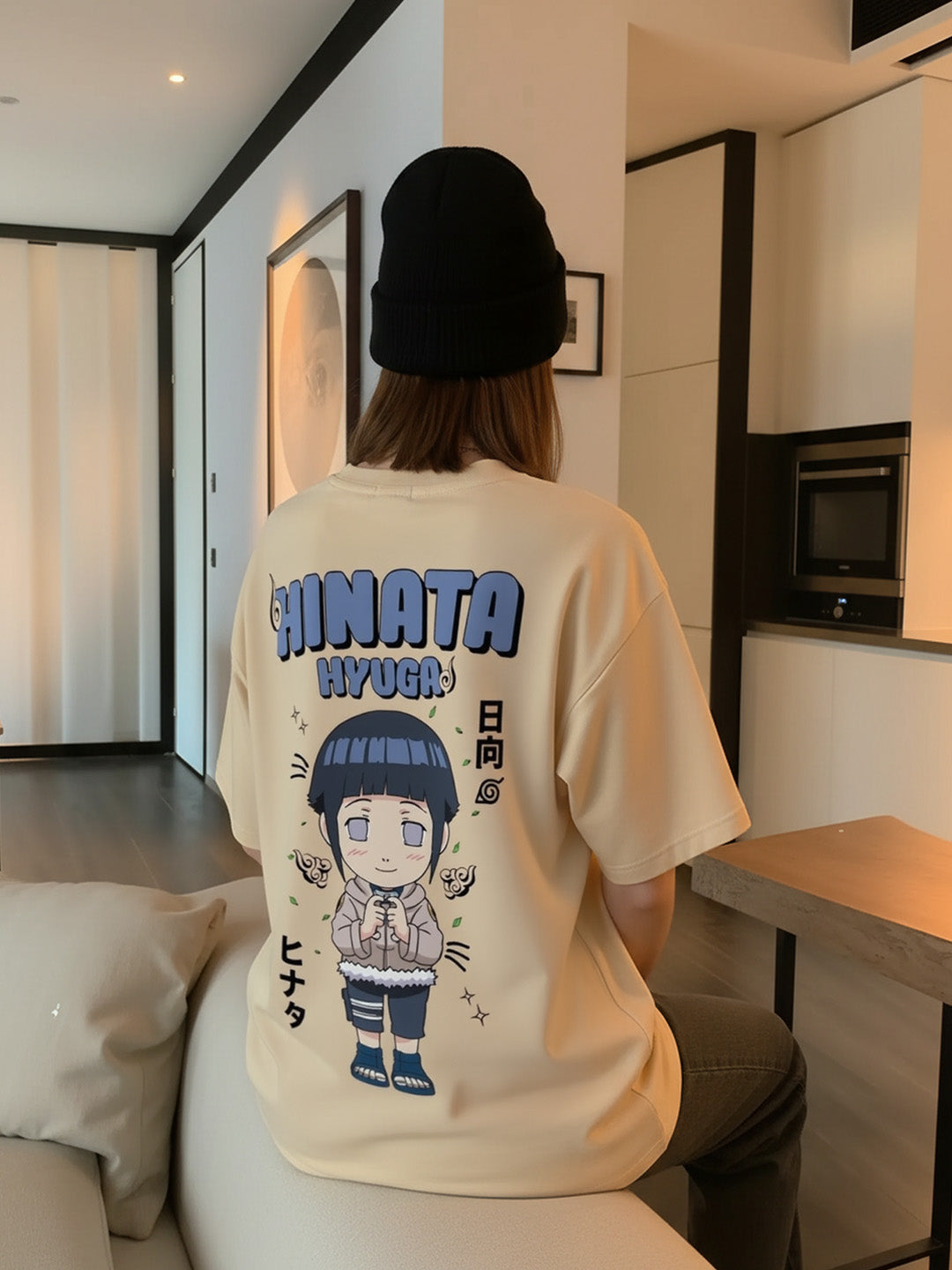 Hinata Hyuga - Ninja Printed Pure Cotton Oversized Beige T-shirt