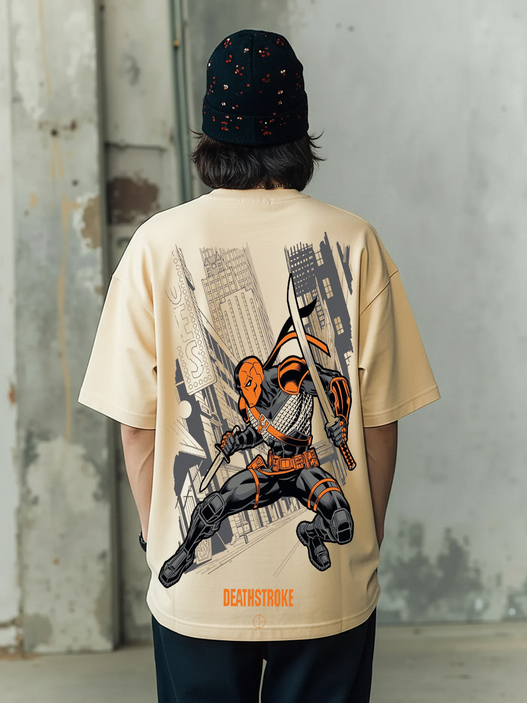 Deathstroke Graphic Printed Pure Cotton Oversized Beige T-shirt