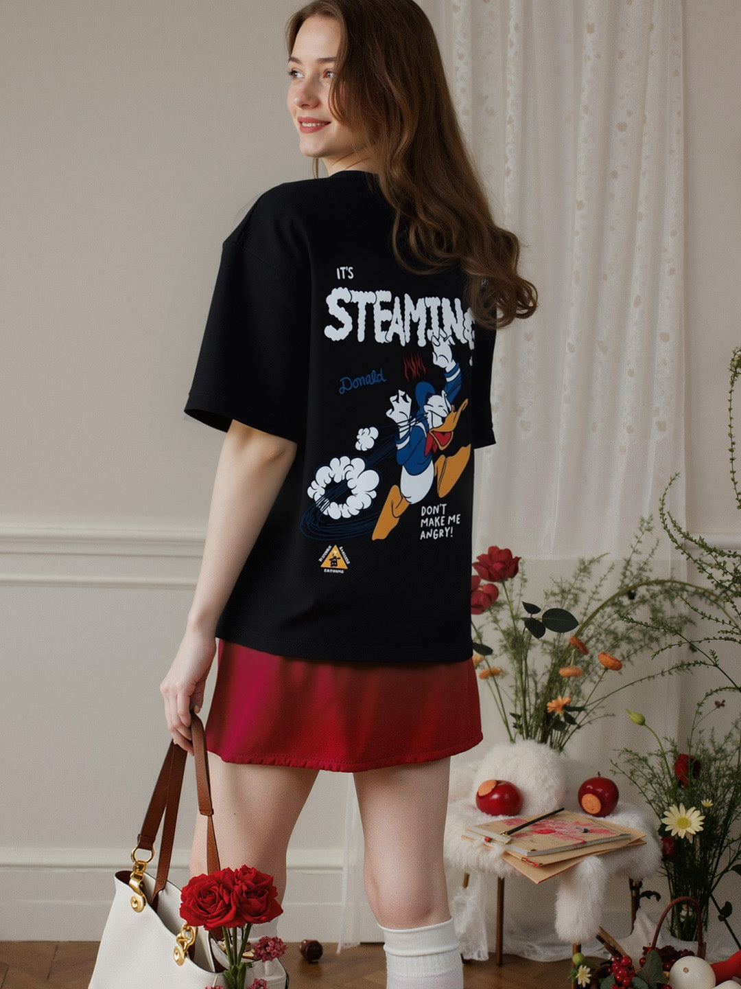 Steaming Donald Printed Pure Cotton Oversized Black T-shirt