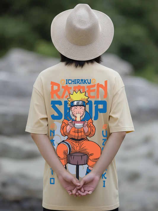 Anime Ramen Lover Graphic Printed Pure Cotton Oversized Beige T-shirt