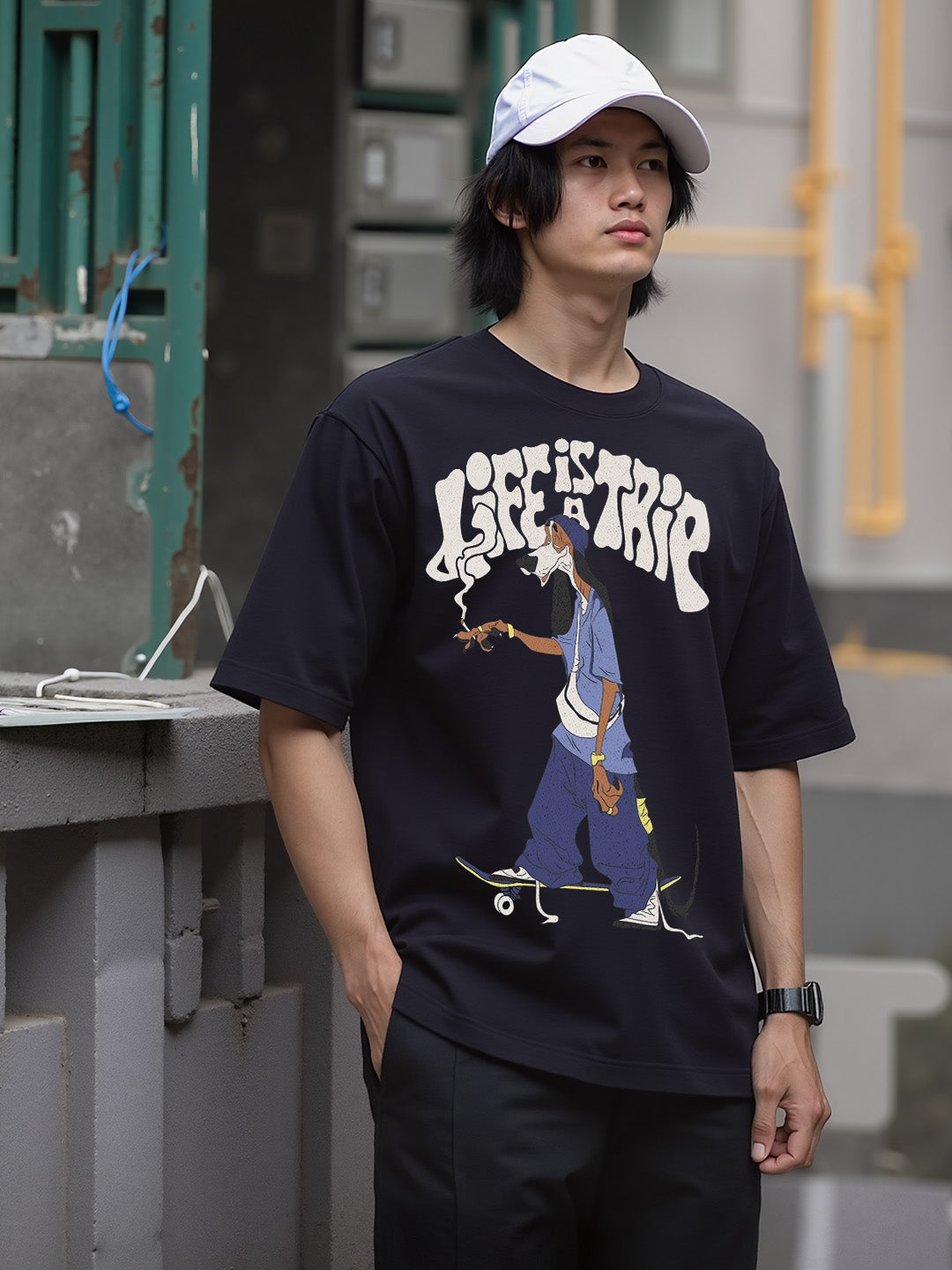 Life is a Trip Printed Pure Cotton Oversized Black T-shirt