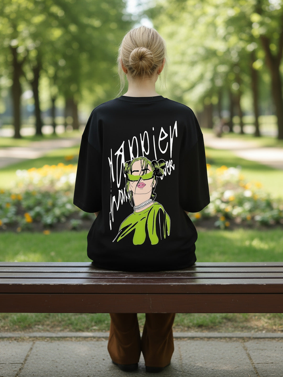 Billie Happier Than Ever Printed Pure Cotton Oversized Black T-shirt