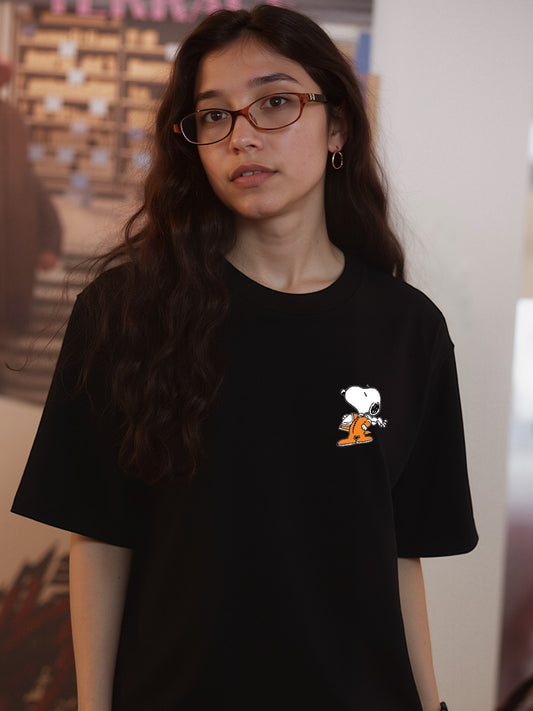 Space Snoopy Printed Pure Cotton Oversized Black T-shirt