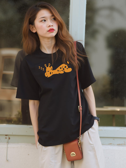 Giraffe Printed Pure Cotton Oversized Black T-shirt