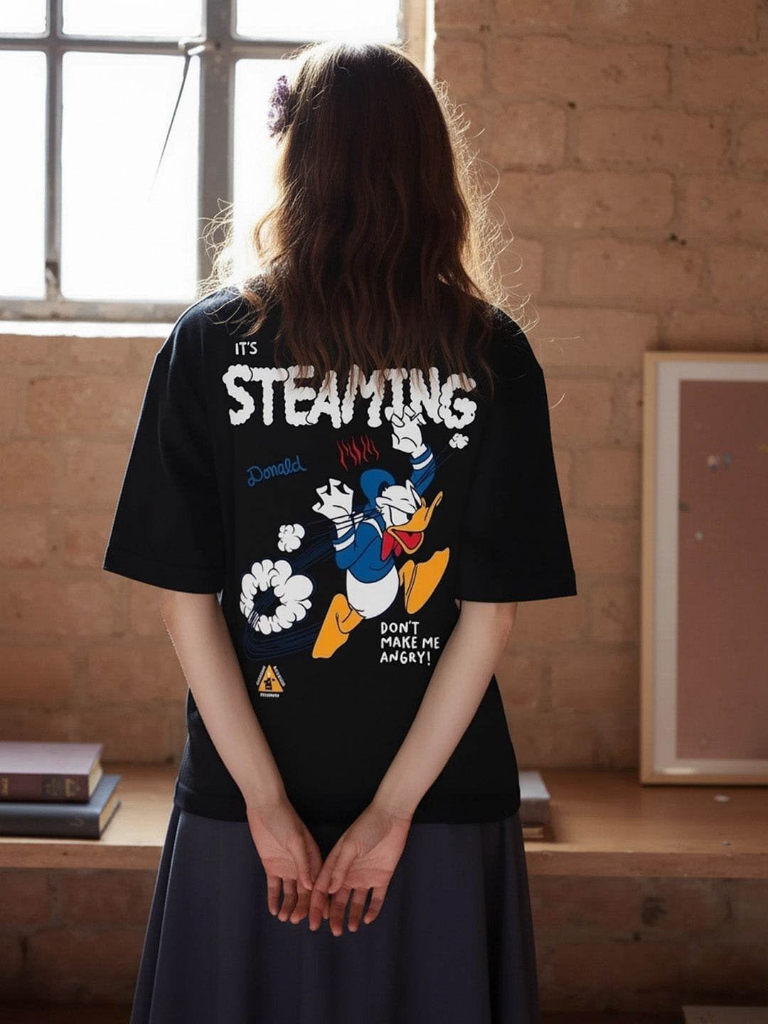 Steaming Donald Printed Pure Cotton Oversized Black T-shirt