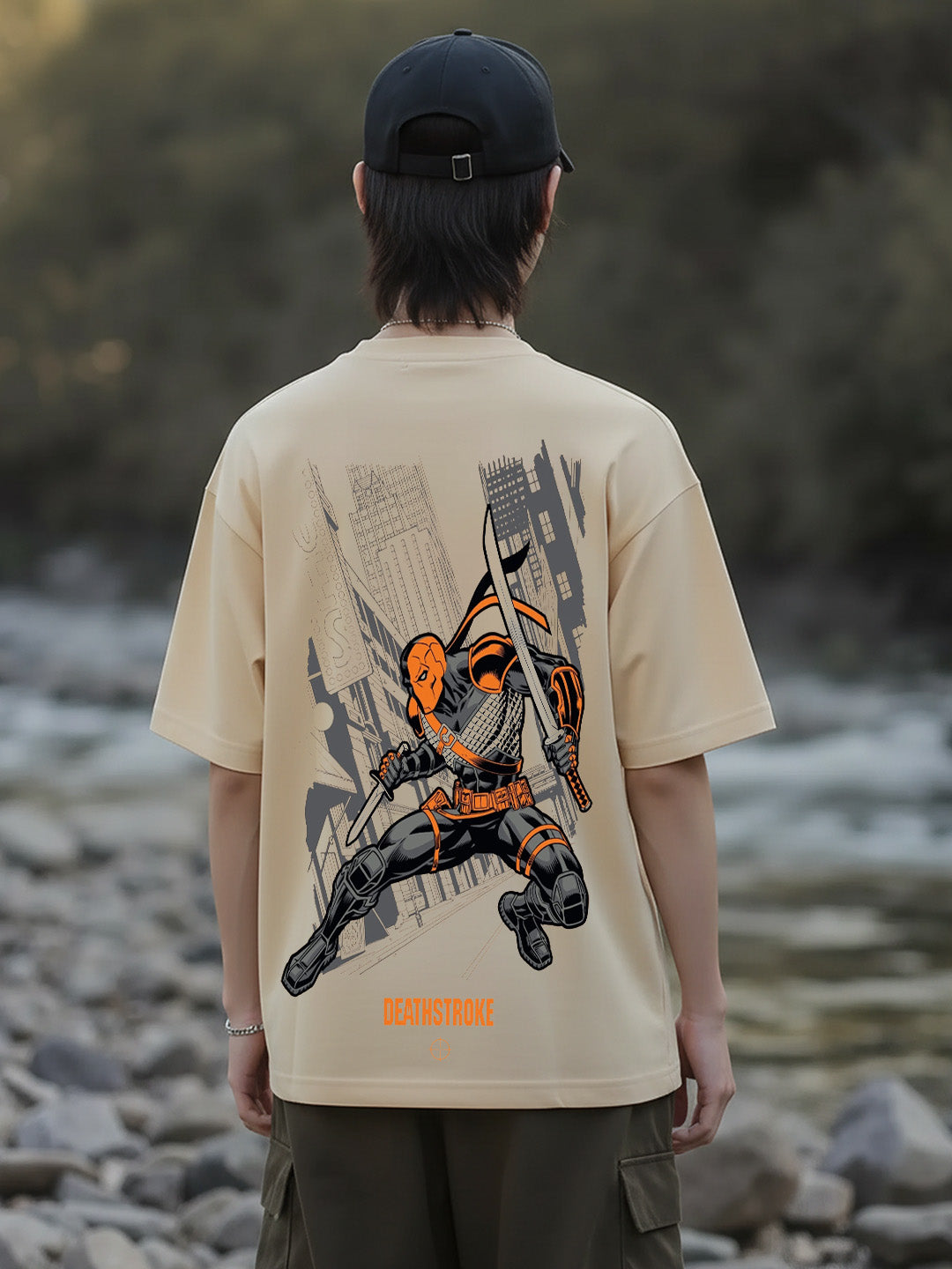Deathstroke Graphic Printed Pure Cotton Oversized Beige T-shirt