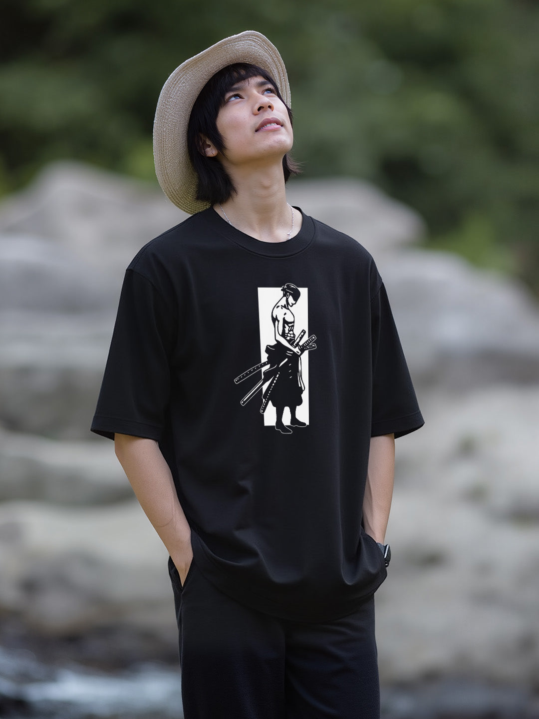 Moss Head - One Piece Graphic Printed Pure Cotton Oversized Black T-shirt