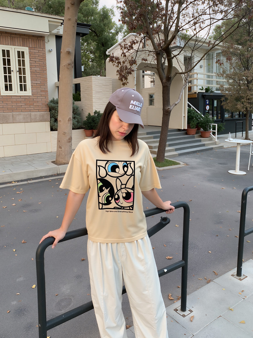 Powerpuff Girls - Sugar and Spice Printed Pure Cotton Oversized Beige T-shirt