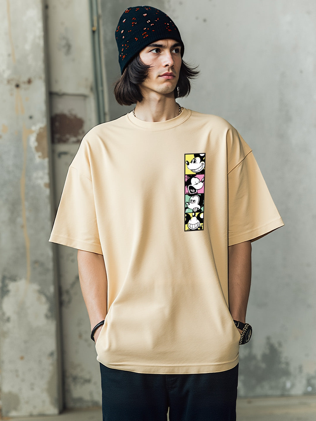 Mickey Faces Printed Pure Cotton Oversized Beige T-shirt