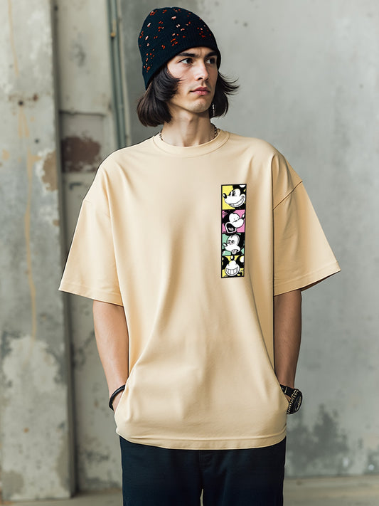 Mickey Faces Printed Pure Cotton Oversized Beige T-shirt