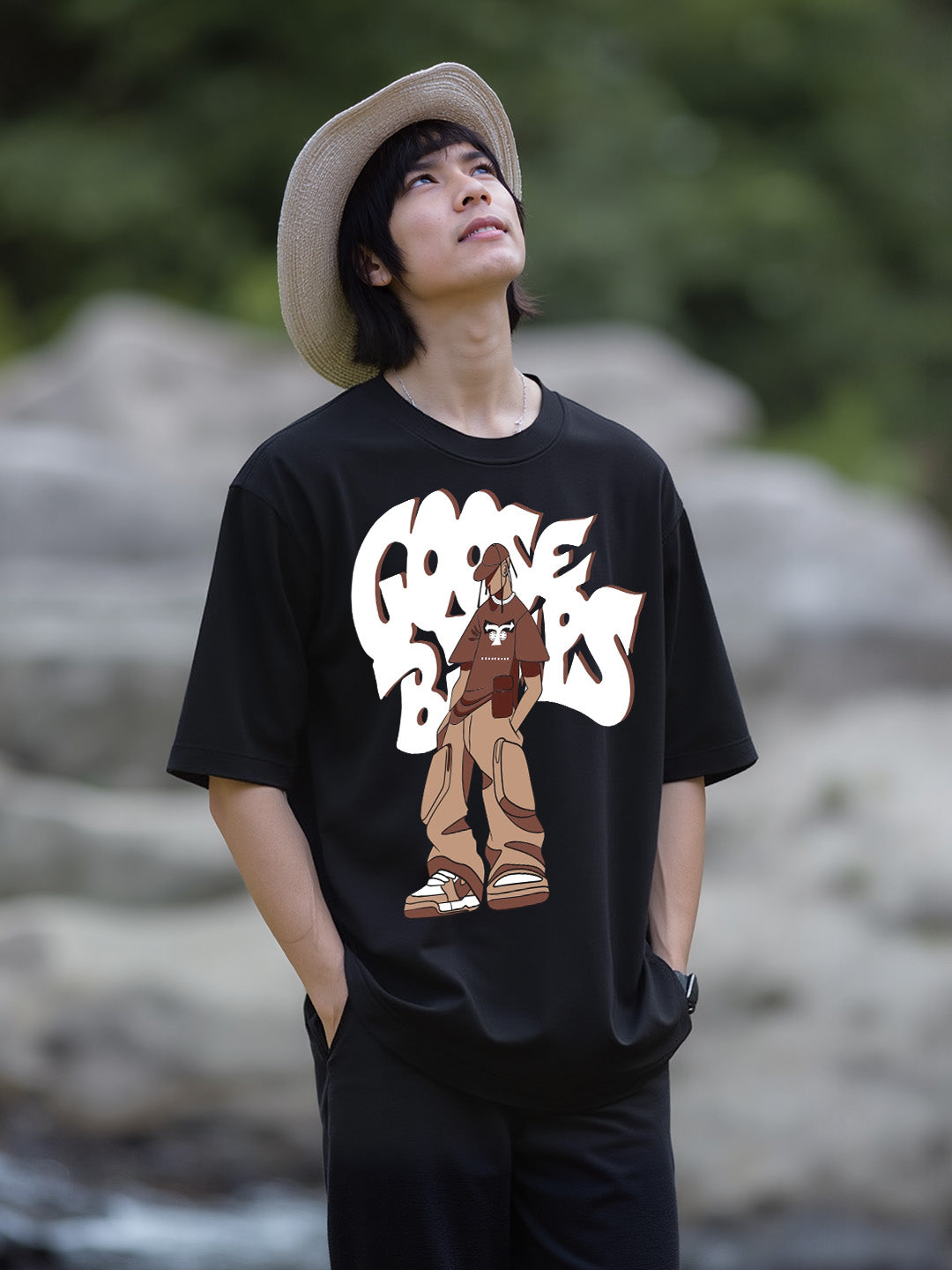 Goosebumps Printed Pure Cotton Oversized Black T-shirt