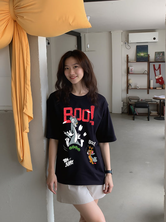 Boo Tom and Jerry Printed Pure Cotton Oversized Black T-shirt