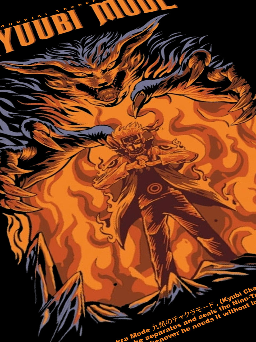 Kyuubi Mode - Nine tail Fox Printed Pure Cotton Oversized Black T-shirt