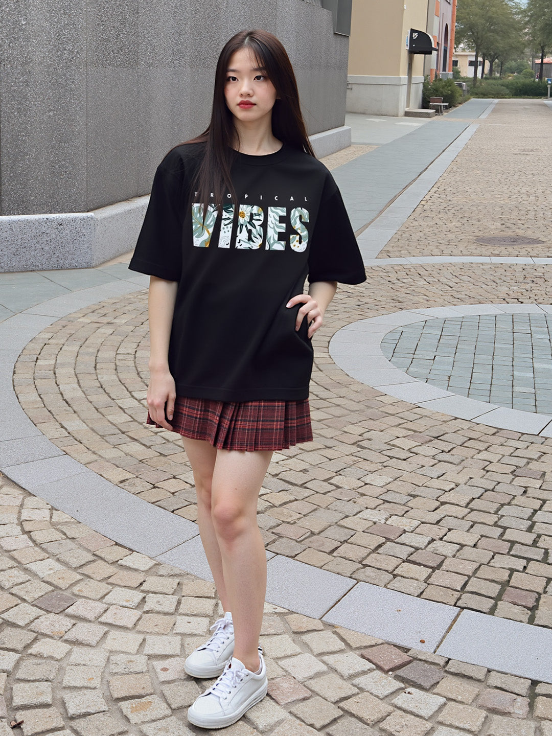 Tropical Vibes Printed Pure Cotton Oversized Black T-shirt