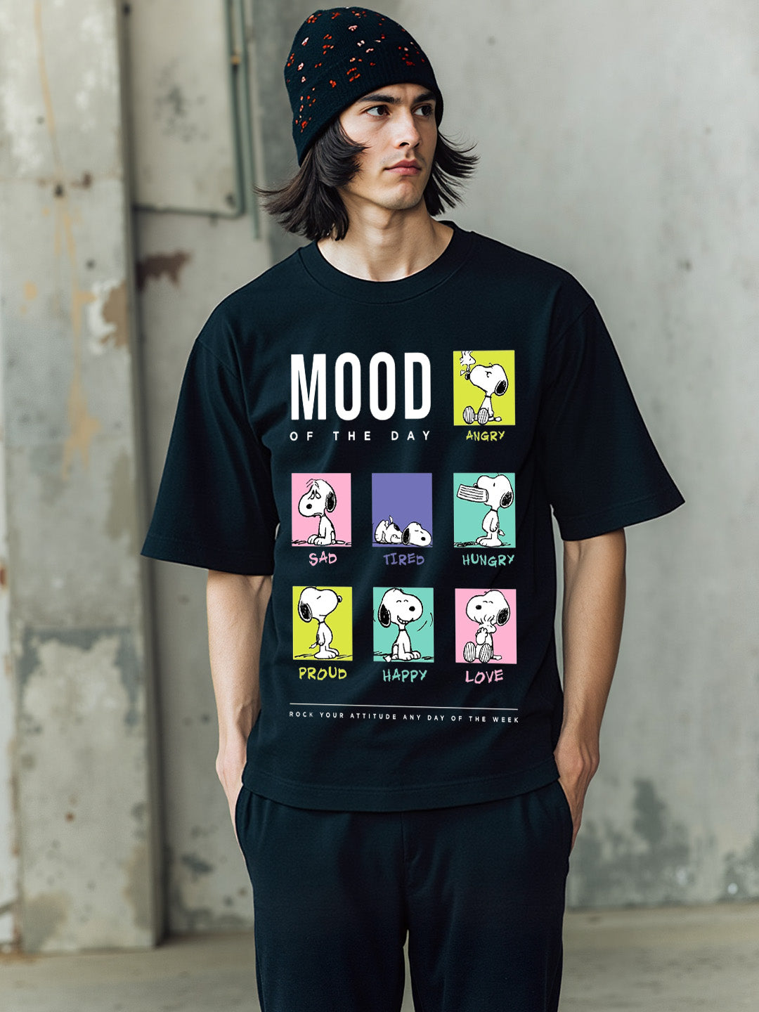 Snoopy Mood Printed Pure Cotton Oversized Black T-shirt