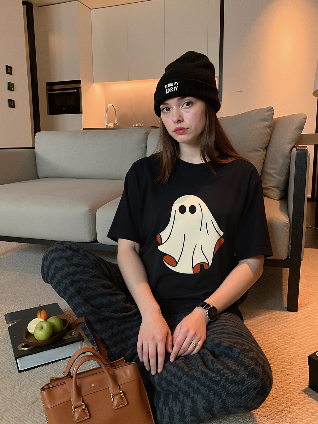 Boo Cute Ghost Printed Pure Cotton Oversized Black T-shirt