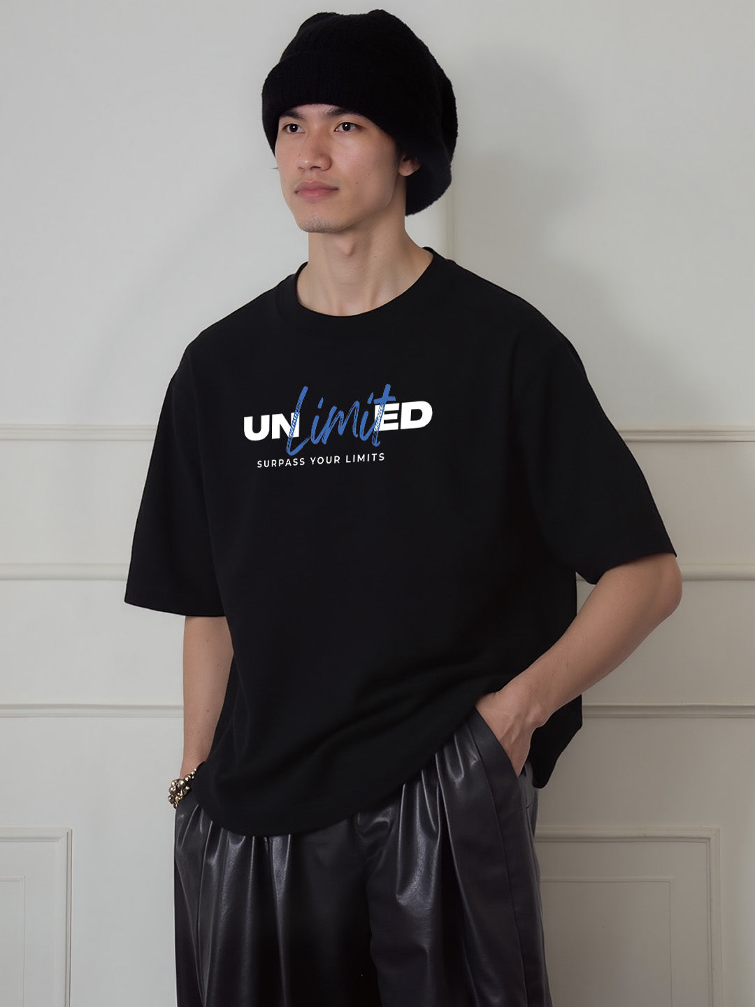 UNLIMITED Typography Printed Pure Cotton Oversized Black T-shirt