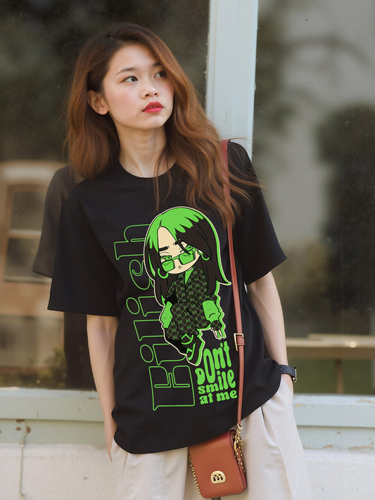 Don't Smile Billie Printed Pure Cotton Oversized Black T-shirt