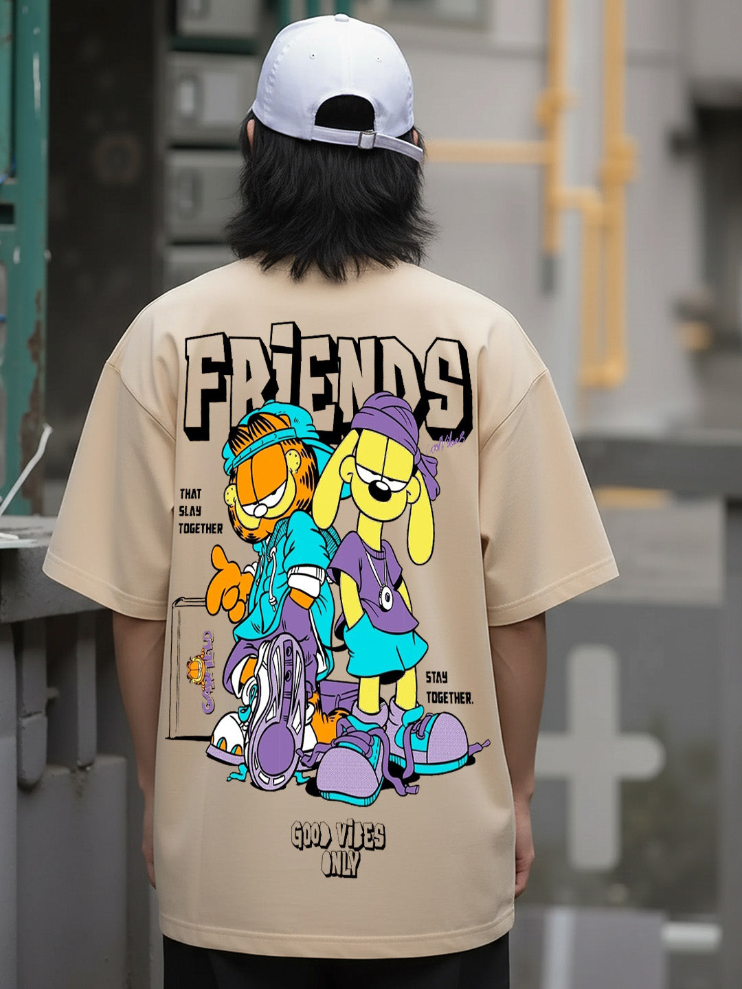 Garfield - Slay Together Printed Pure Cotton Oversized Beige T-shirt