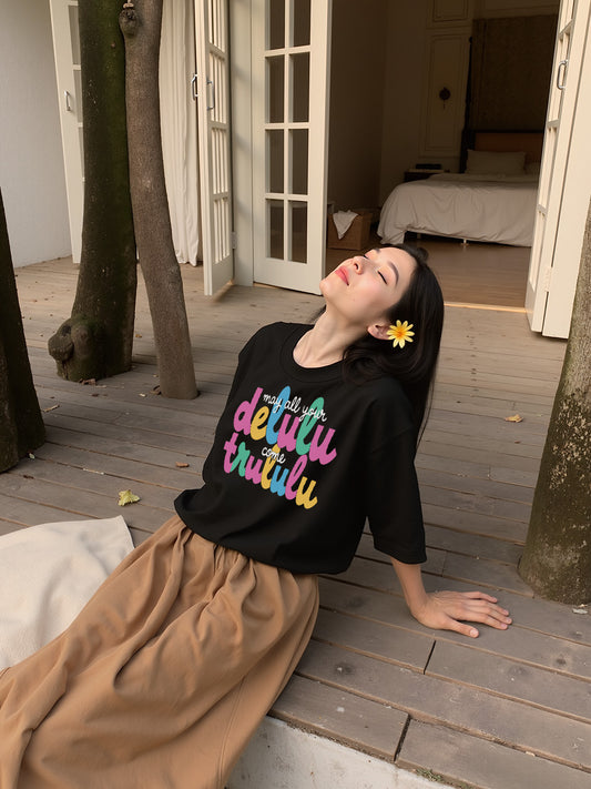 Delulu Come Trululu Printed Pure Cotton Oversized Black T-shirt