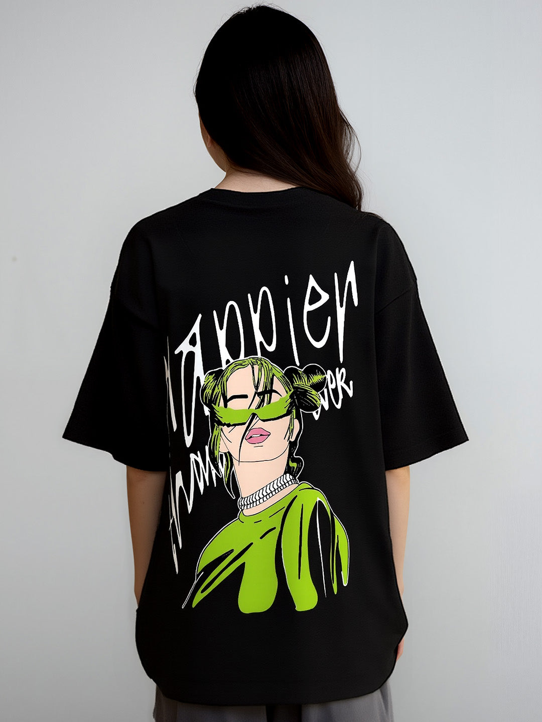 Billie Happier Than Ever Printed Pure Cotton Oversized Black T-shirt