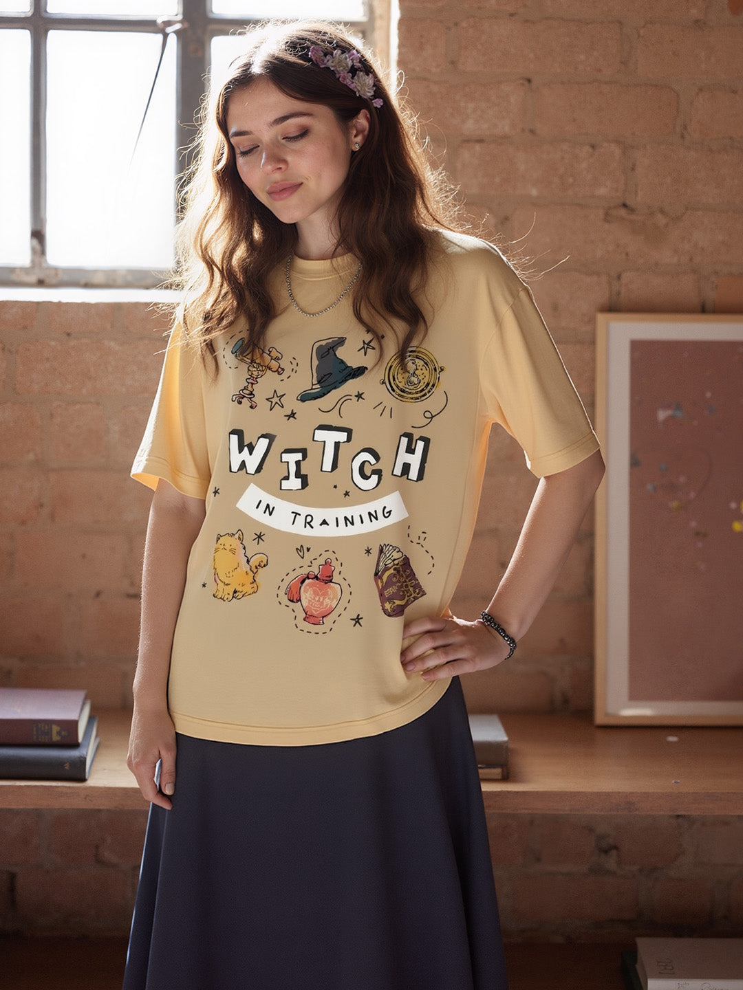 Witch Training Printed Pure Cotton Oversized Beige T-shirt