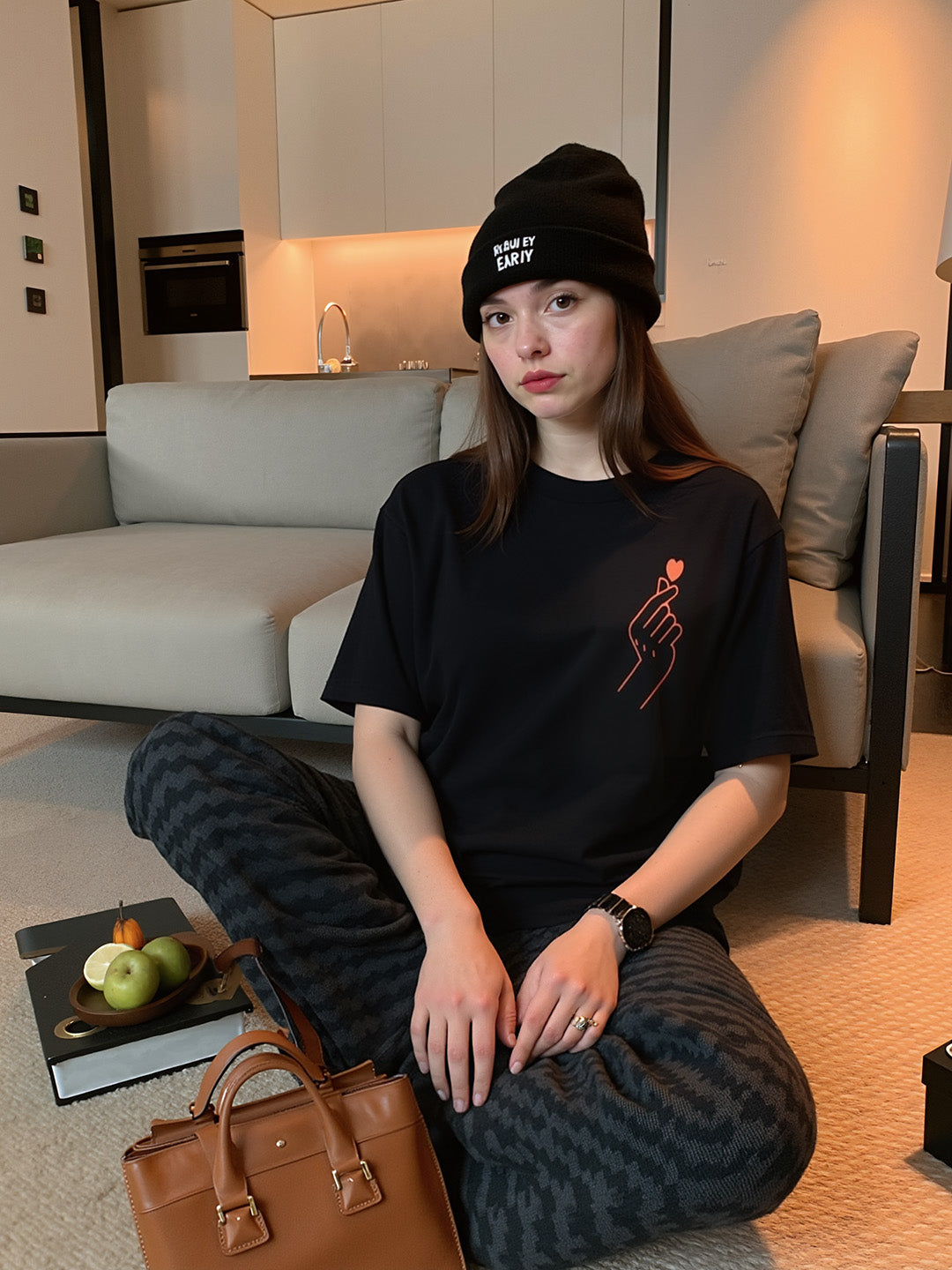 K-POP Heart Printed Pure Cotton Oversized Black T-shirt