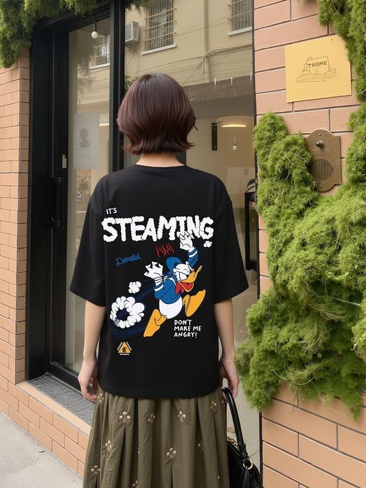 Steaming Donald Printed Pure Cotton Oversized Black T-shirt