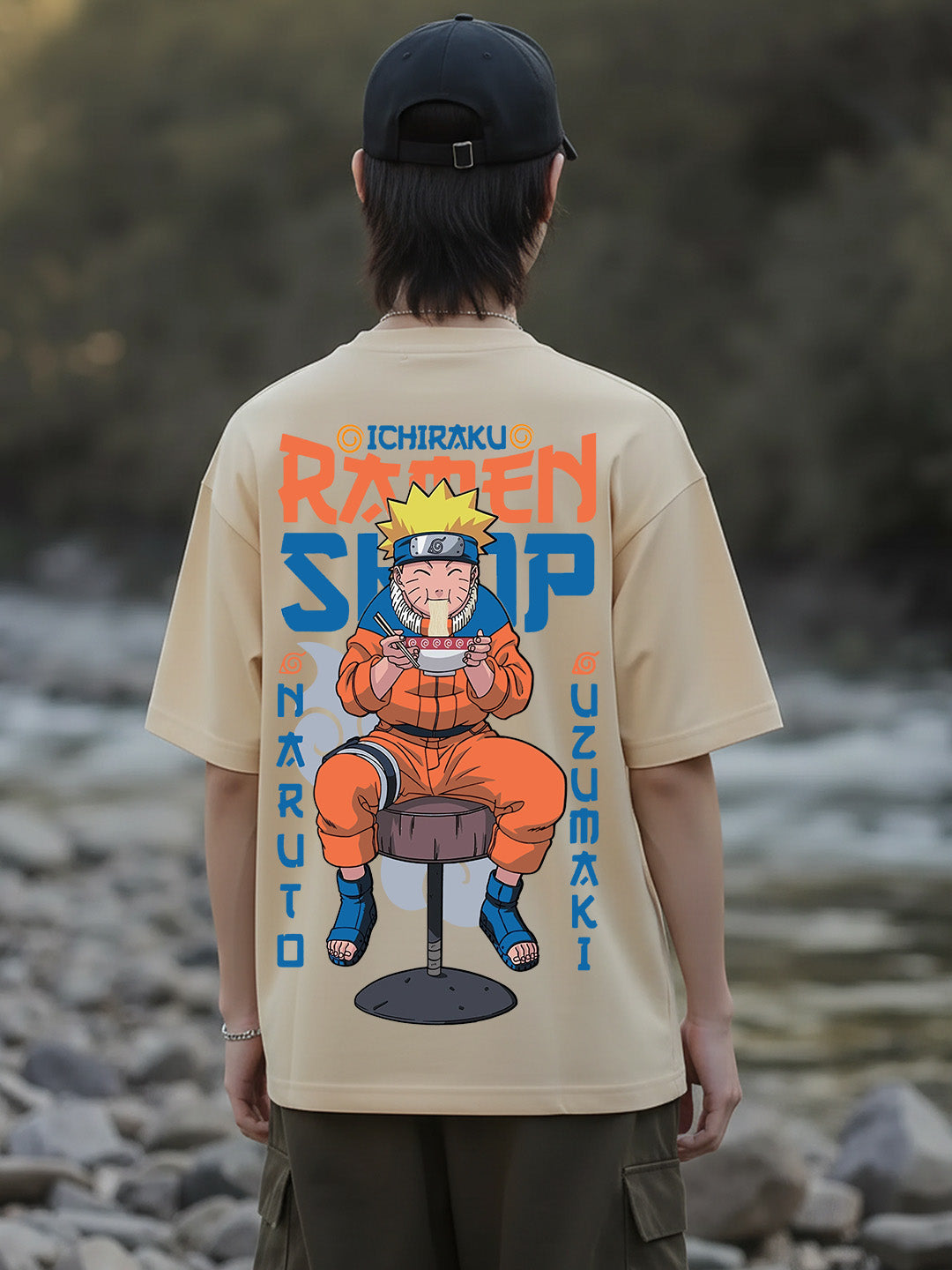 Anime Ramen Lover Graphic Printed Pure Cotton Oversized Beige T-shirt