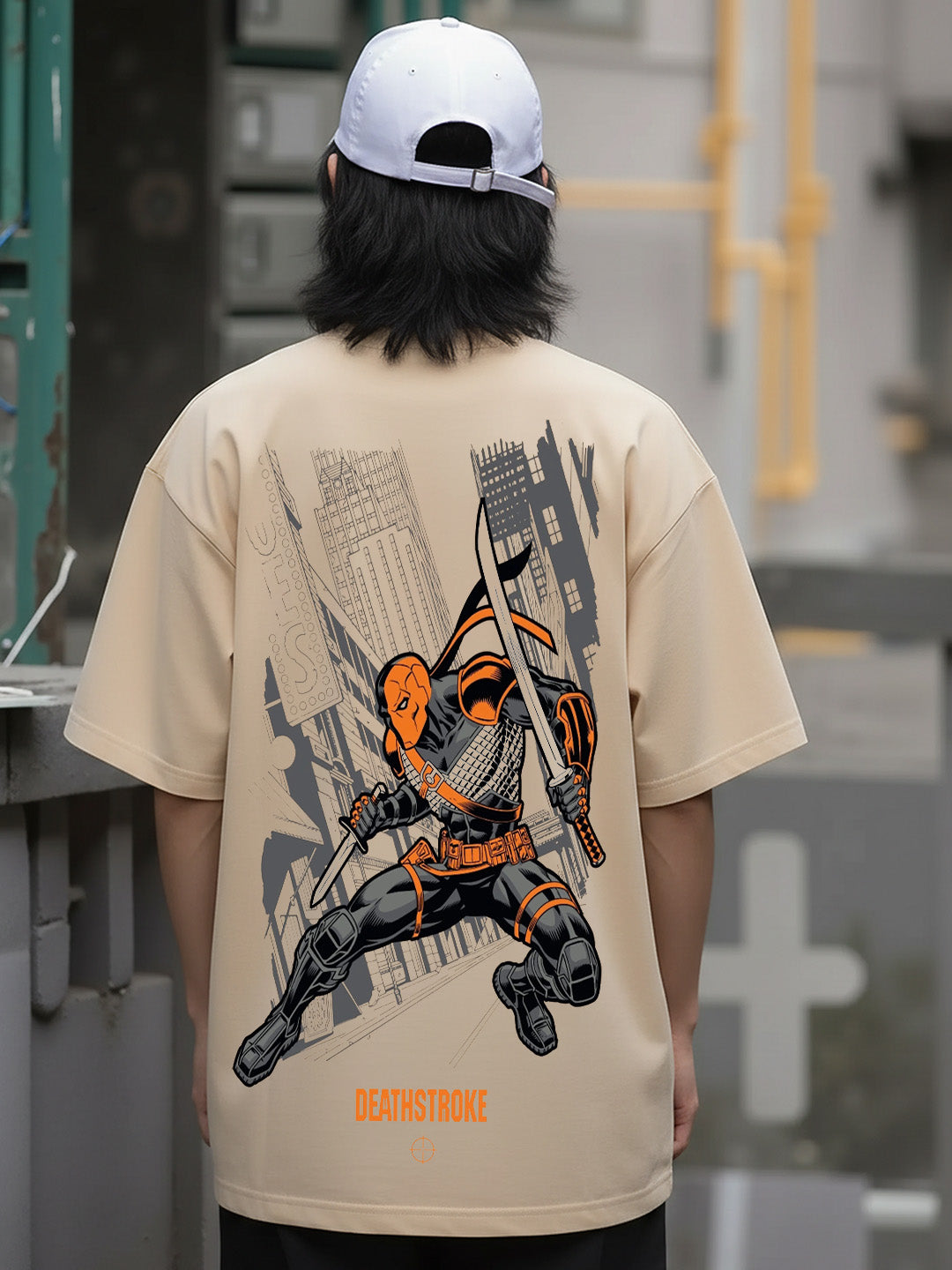 Deathstroke Graphic Printed Pure Cotton Oversized Beige T-shirt
