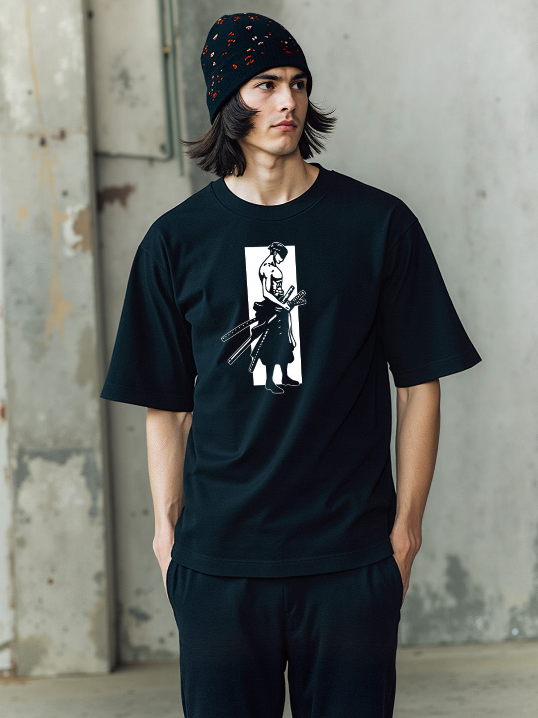 Moss Head - One Piece Graphic Printed Pure Cotton Oversized Black T-shirt