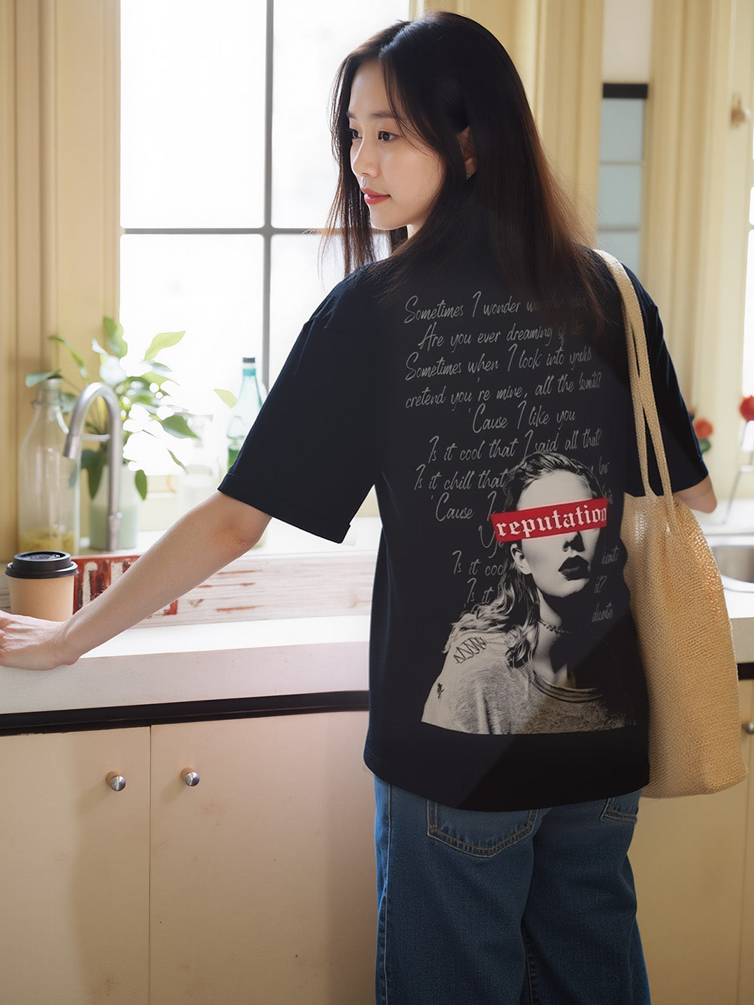 Reputation Printed Pure Cotton Oversized Black T-shirt